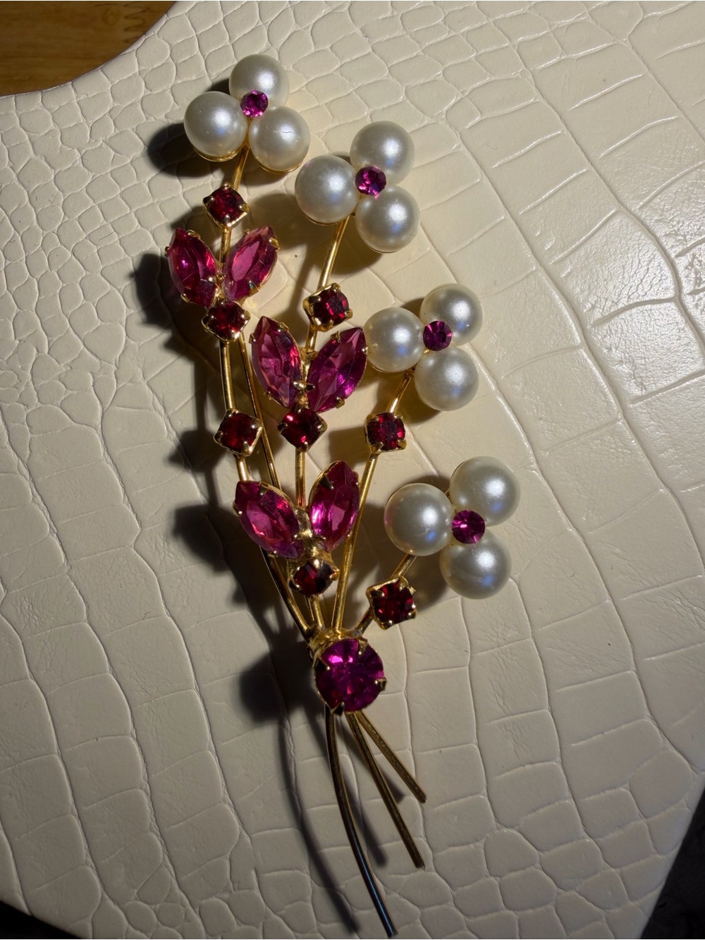 Vintage Gold-Tone Pink Crystal and Pearl Floral Brooch